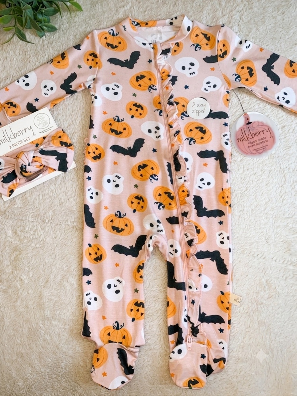 NWT Milkberry Halloween Print Footie 3-6M Matching Headband Pumpkins Bats
